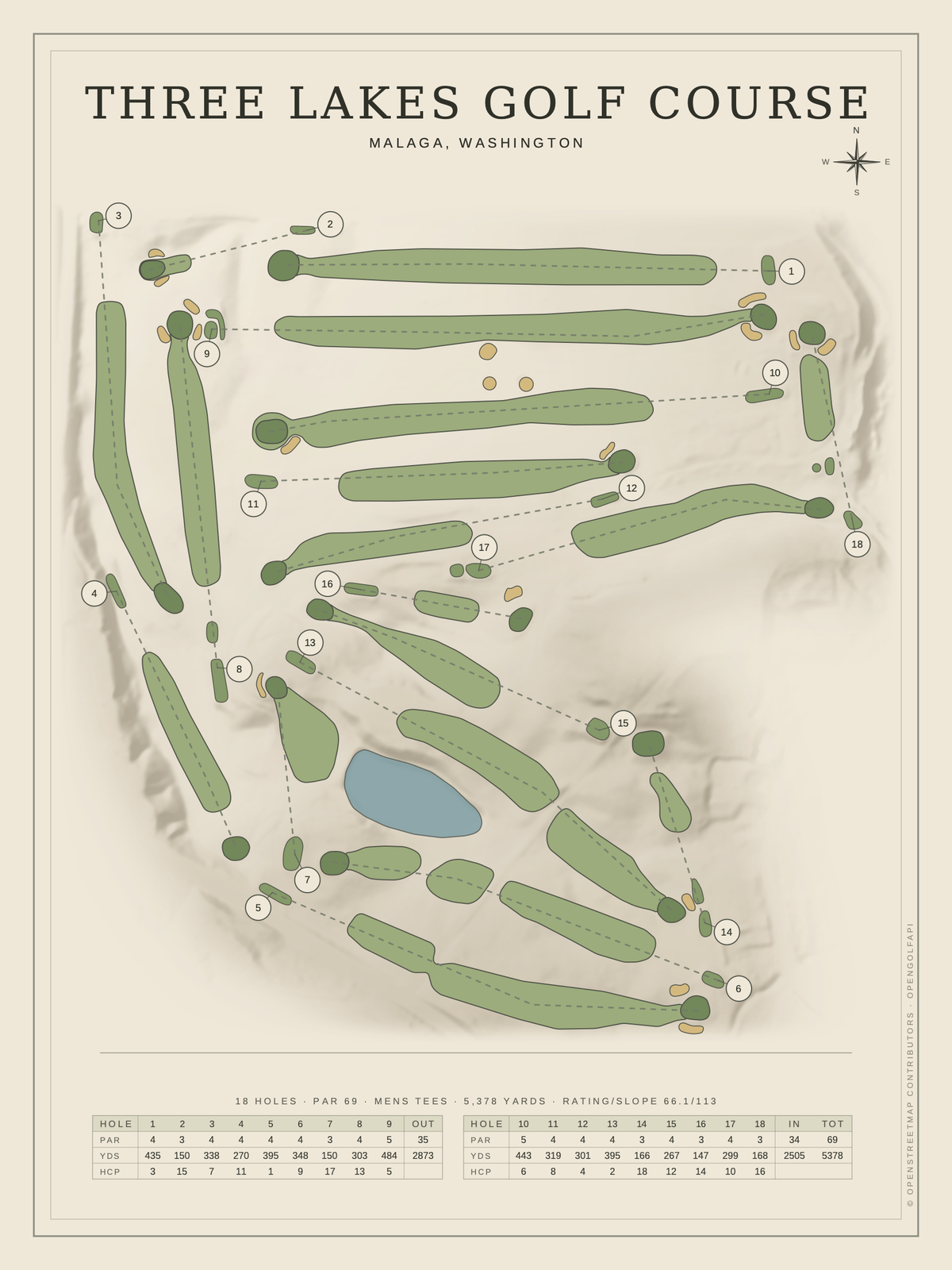 Three Lakes Golf Course map poster, Classic style, 12×16 / 18×24