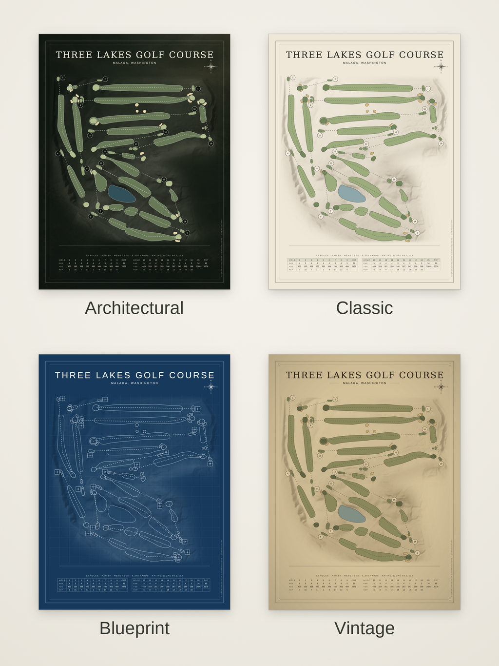 Three Lakes Golf Course map poster in four styles: Architectural, Classic, Blueprint and Vintage
