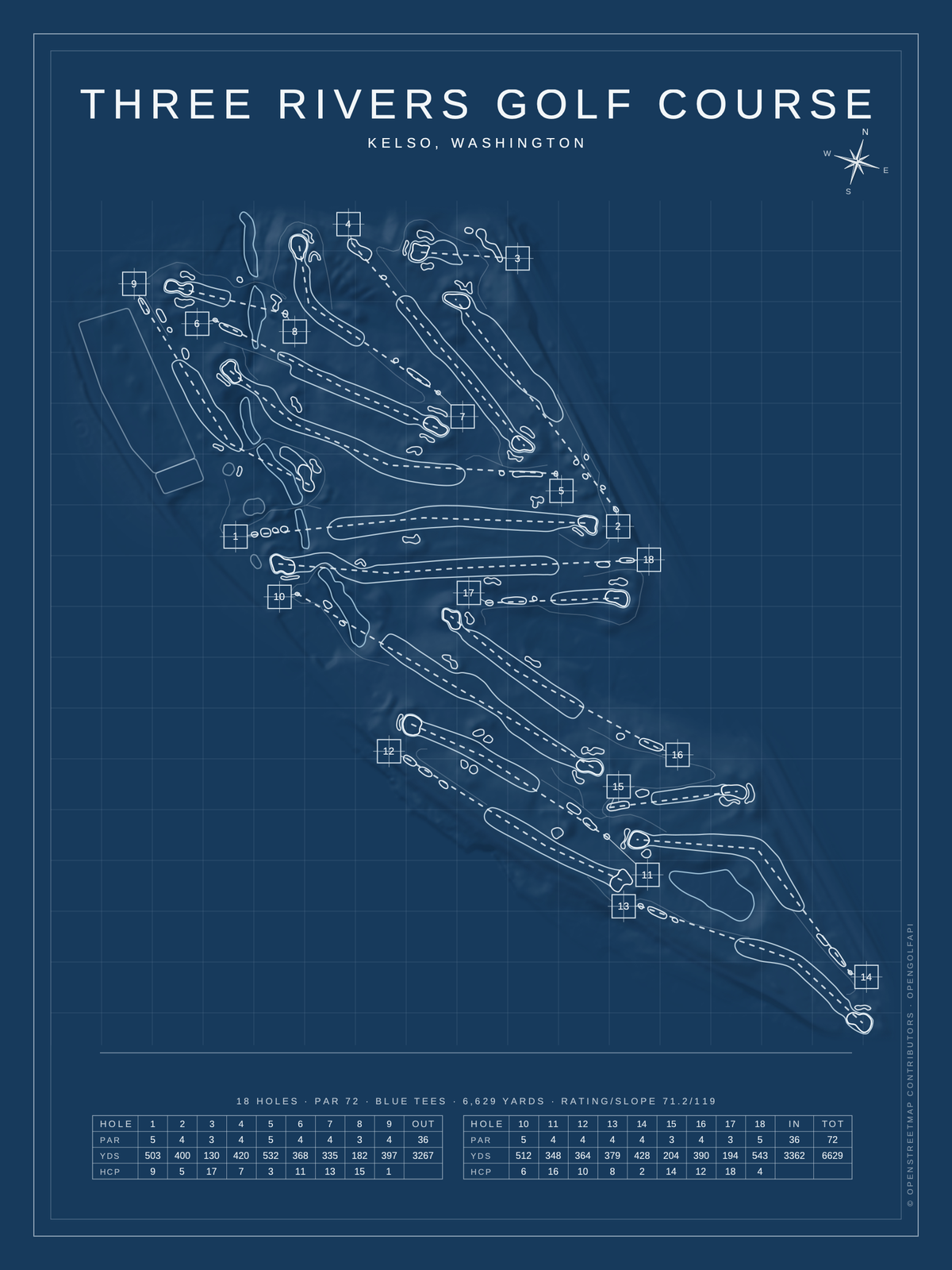 Three Rivers Golf Course map poster, Blueprint style, 12×16 / 18×24