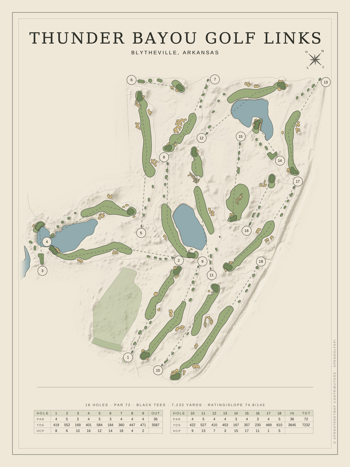 Thunder Bayou Golf Links course map poster, Classic style, 12×16 / 18×24
