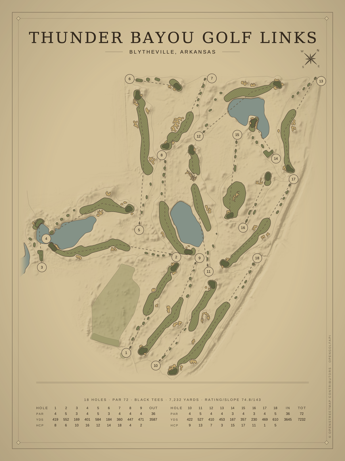 Thunder Bayou Golf Links course map poster, Vintage style, 12×16 / 18×24