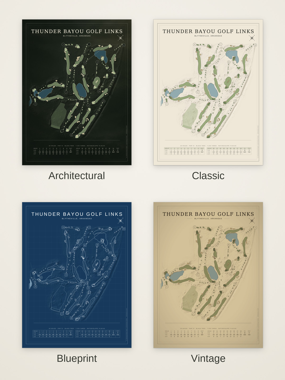 Thunder Bayou Golf Links course map poster in four styles: Architectural, Classic, Blueprint and Vintage