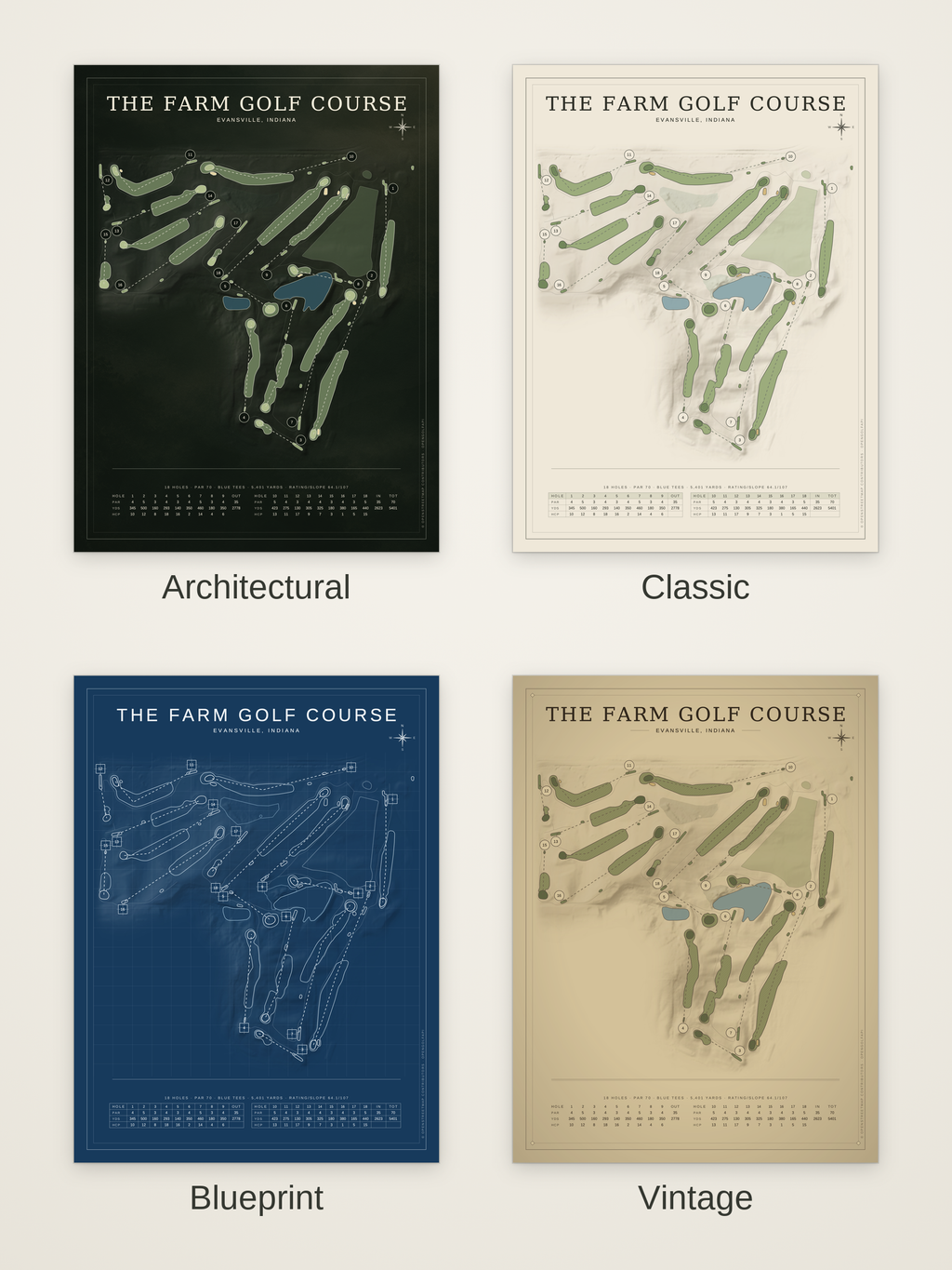 The Farm Golf Course map poster in four styles: Architectural, Classic, Blueprint and Vintage