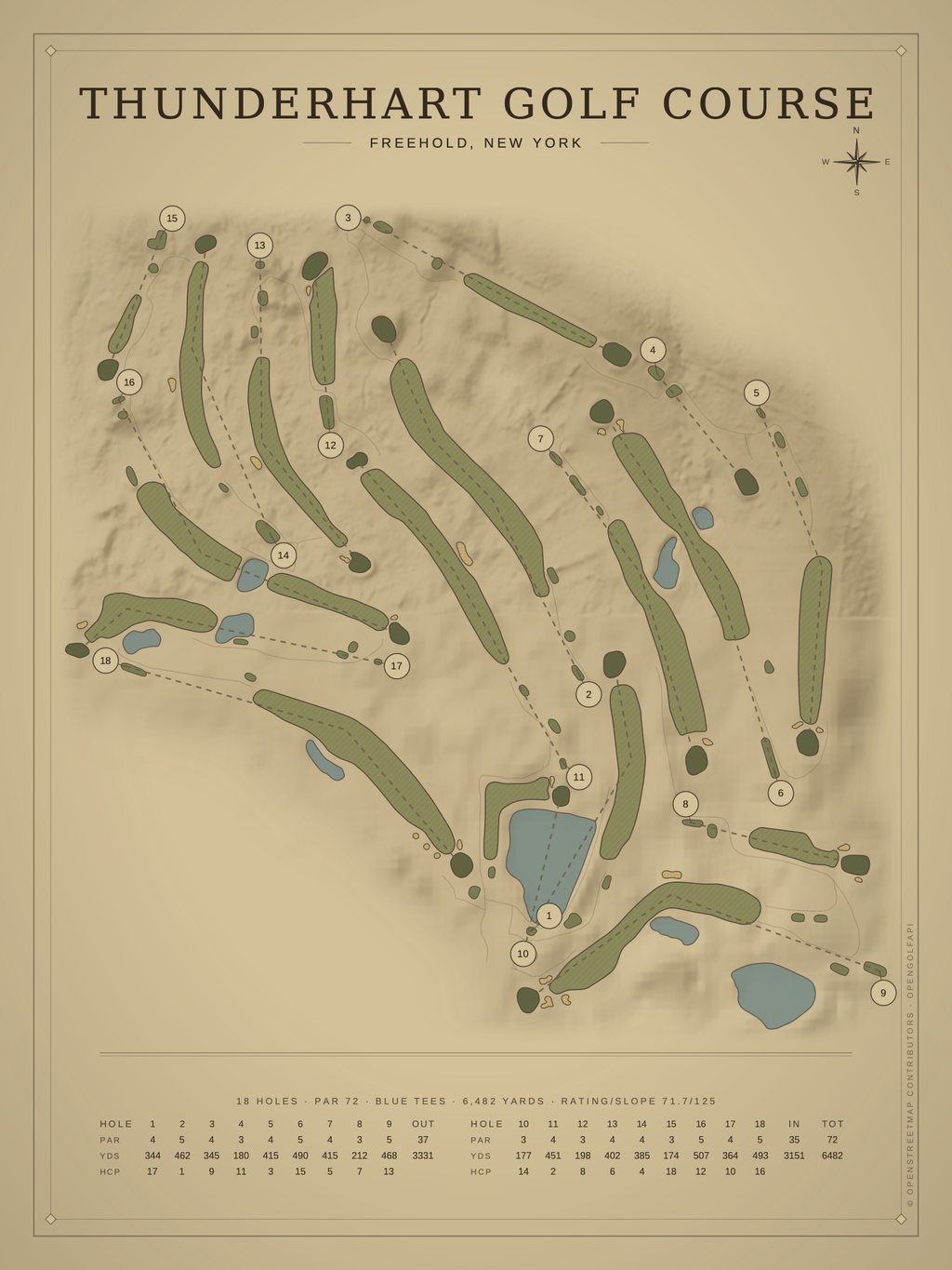 Thunderhart Golf Course map poster, Vintage style, 12×16 / 18×24