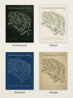 Thunderhart Golf Course map poster in four styles: Architectural, Classic, Blueprint and Vintage