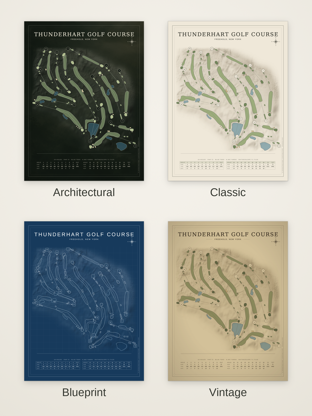 Thunderhart Golf Course map poster in four styles: Architectural, Classic, Blueprint and Vintage
