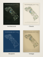 ThunderHawk Golf Club course map poster in four styles: Architectural, Classic, Blueprint and Vintage