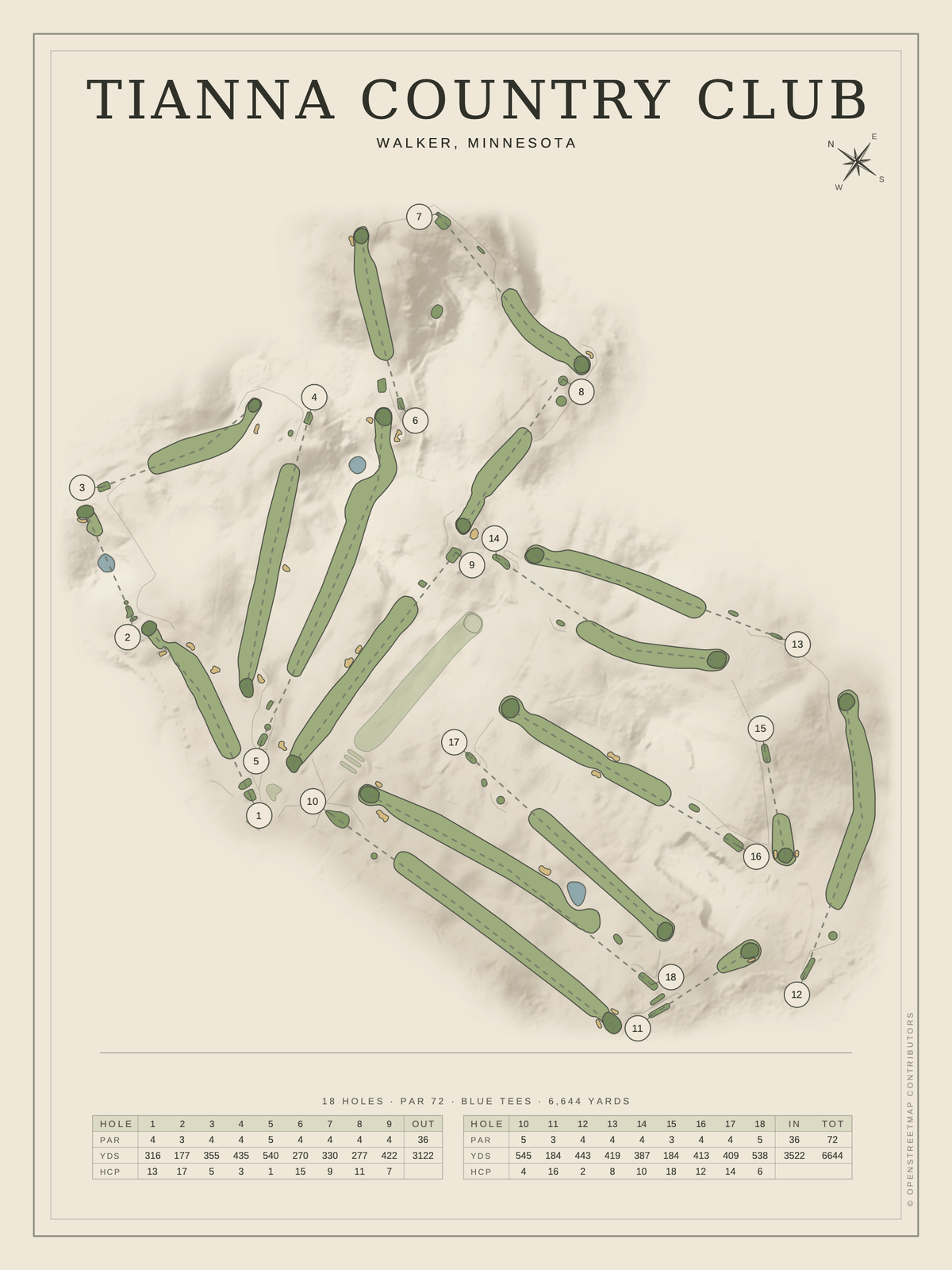 Tianna Country Club course map poster, Classic style, 12×16 / 18×24