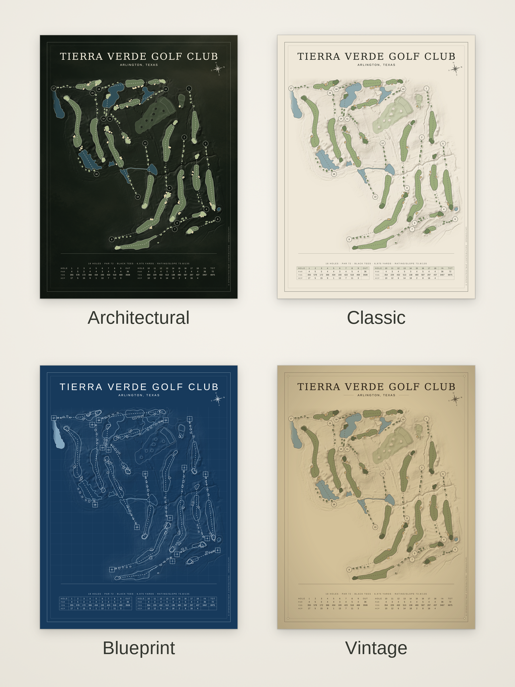 Tierra Verde Golf Club course map poster in four styles: Architectural, Classic, Blueprint and Vintage