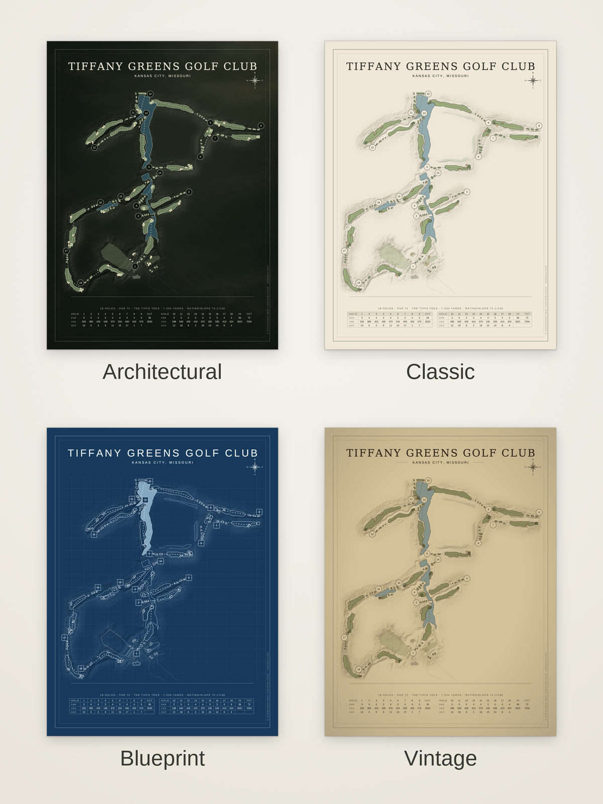 Tiffany Greens Golf Club course map poster in four styles: Architectural, Classic, Blueprint and Vintage