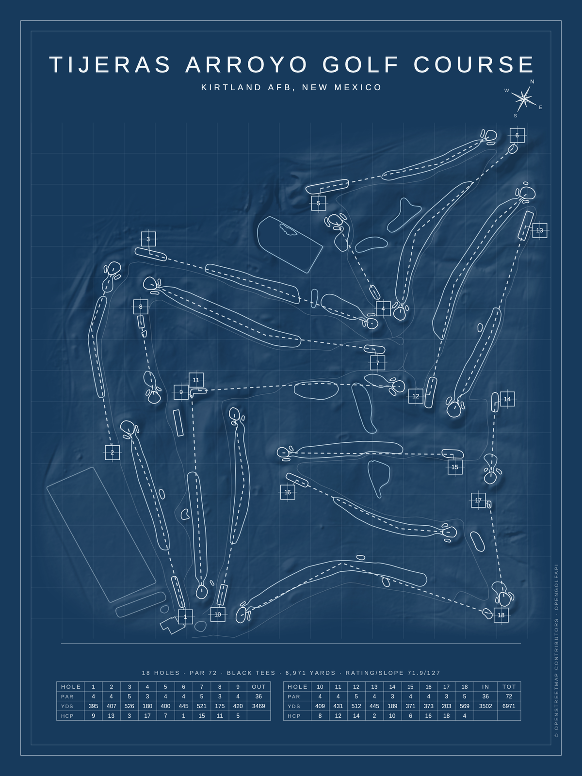 Tijeras Arroyo Golf Course map poster, Blueprint style, 12×16 / 18×24