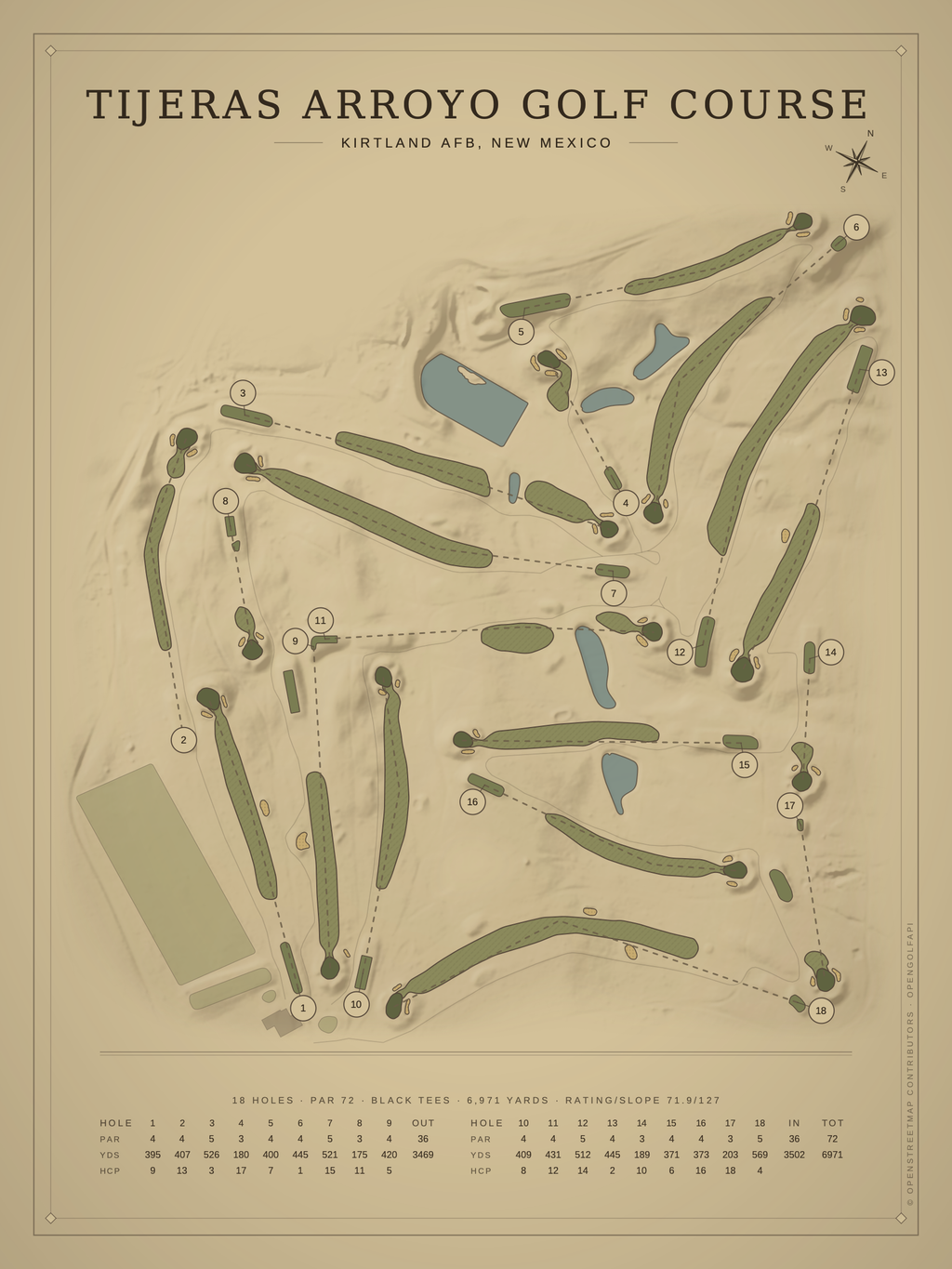Tijeras Arroyo Golf Course map poster, Vintage style, 12×16 / 18×24