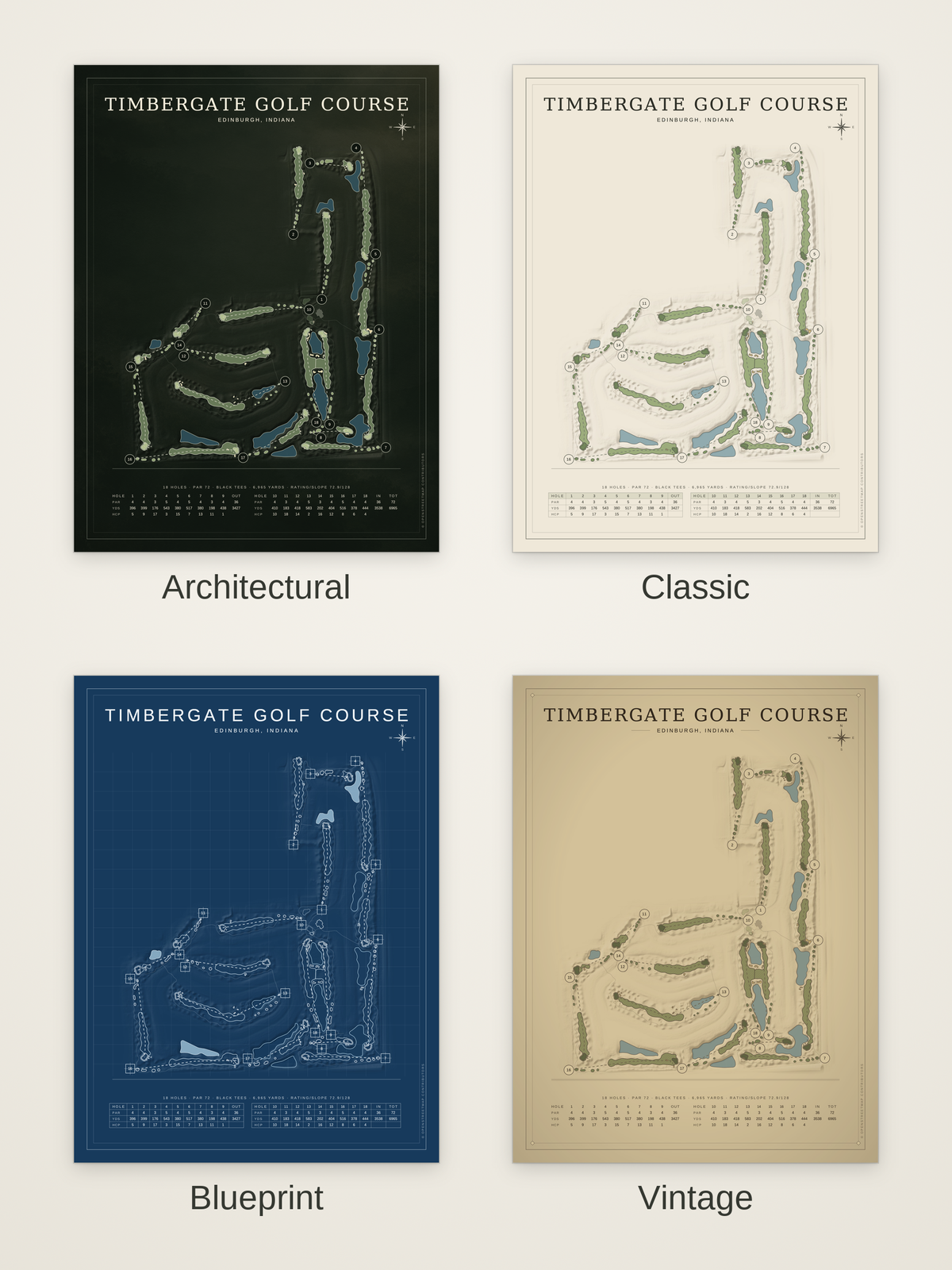 Timbergate Golf Course map poster in four styles: Architectural, Classic, Blueprint and Vintage