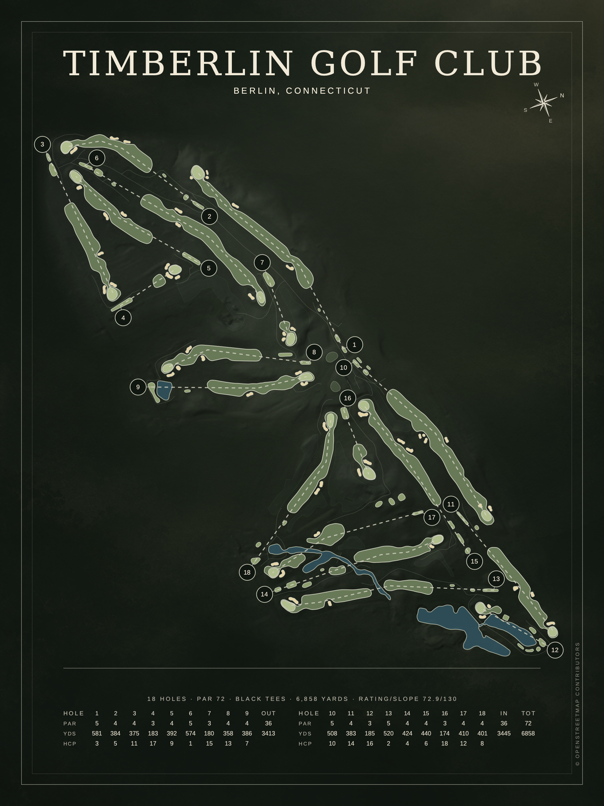 Timberlin Golf Club course map poster, Architectural style, 12×16 / 18×24