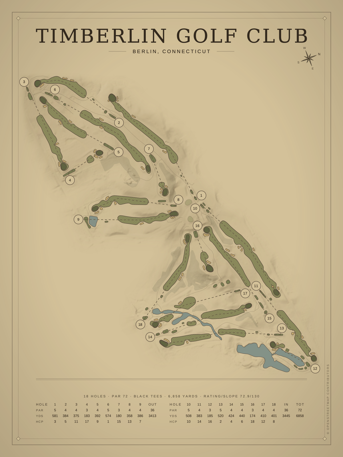 Timberlin Golf Club course map poster, Vintage style, 12×16 / 18×24
