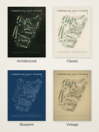 Timberline Golf Course map poster in four styles: Architectural, Classic, Blueprint and Vintage