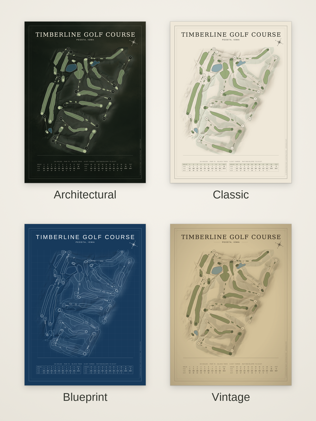 Timberline Golf Course map poster in four styles: Architectural, Classic, Blueprint and Vintage