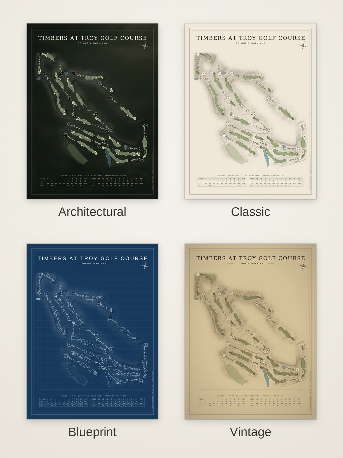 Timbers at Troy Golf Course map poster in four styles: Architectural, Classic, Blueprint and Vintage
