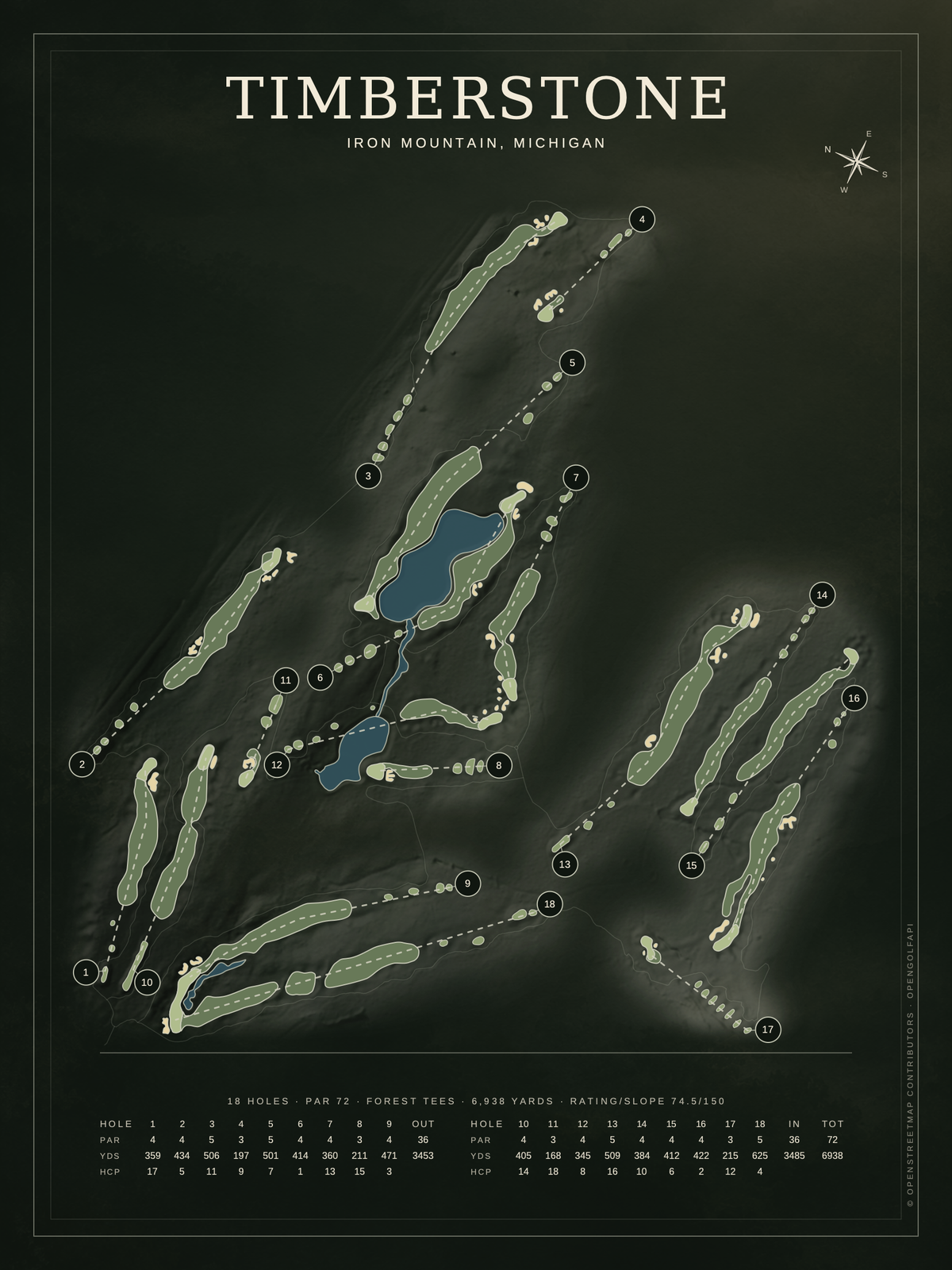 Timberstone course map poster, Architectural style, 12×16 / 18×24