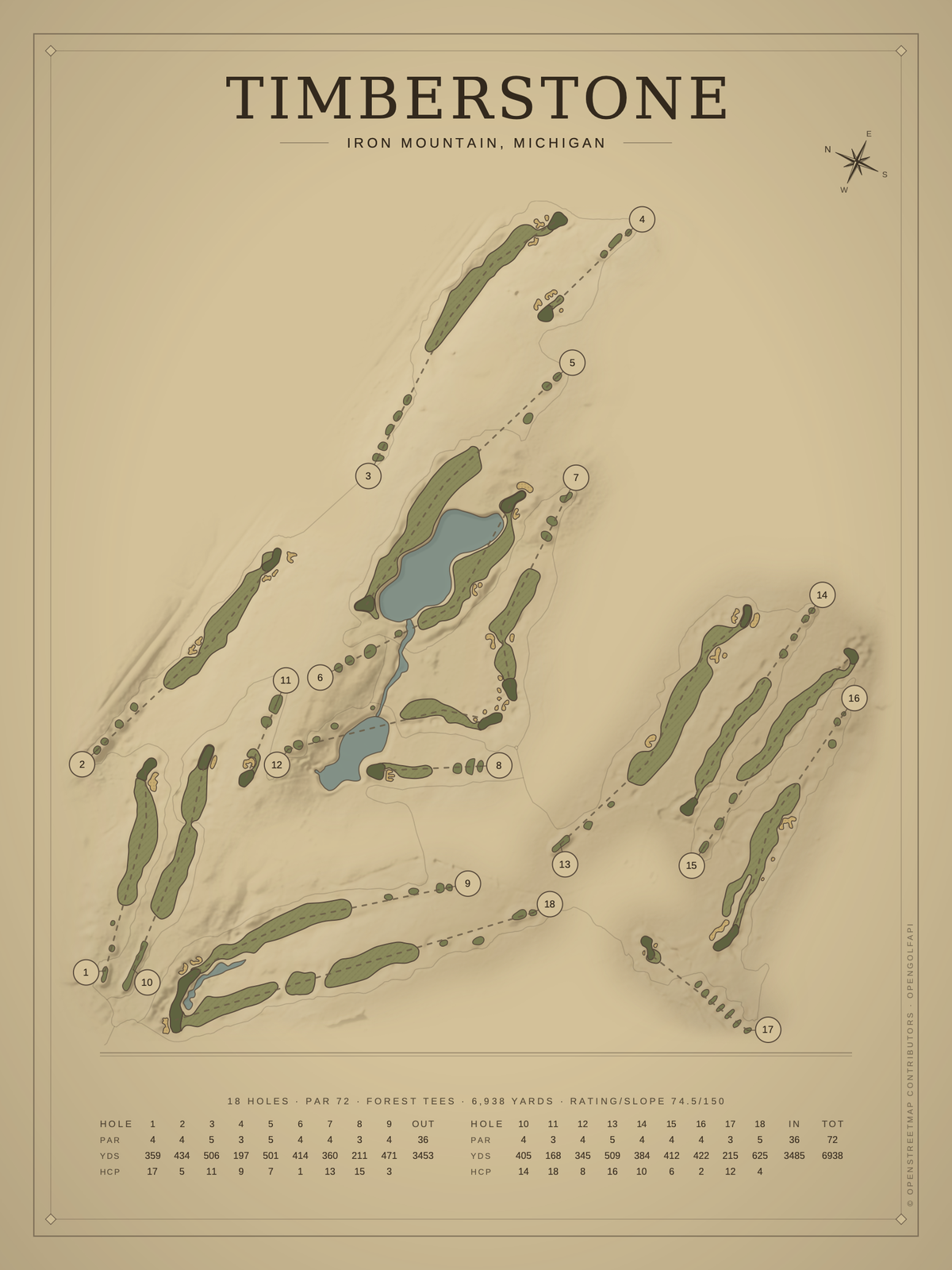 Timberstone course map poster, Vintage style, 12×16 / 18×24
