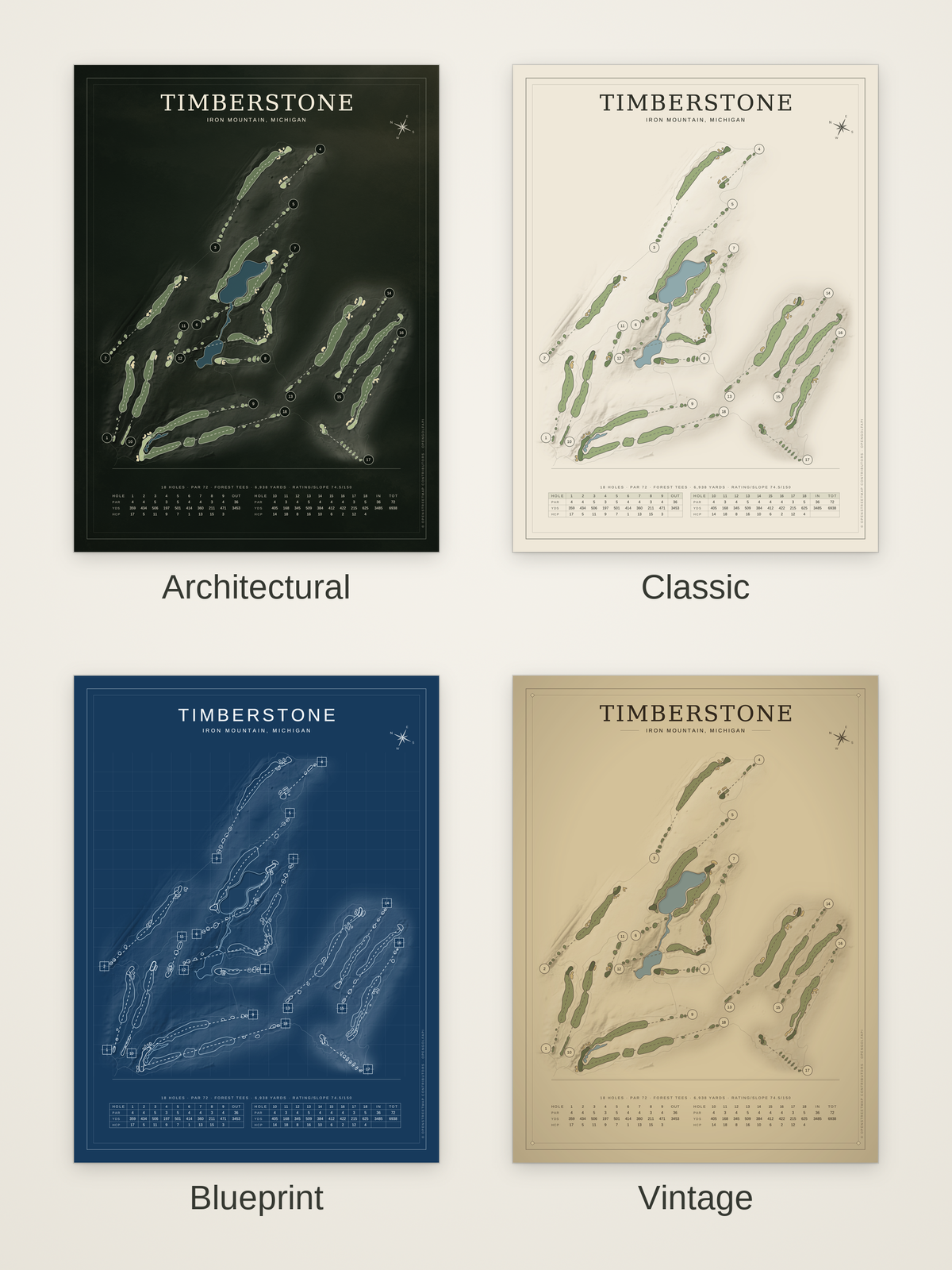 Timberstone course map poster in four styles: Architectural, Classic, Blueprint and Vintage