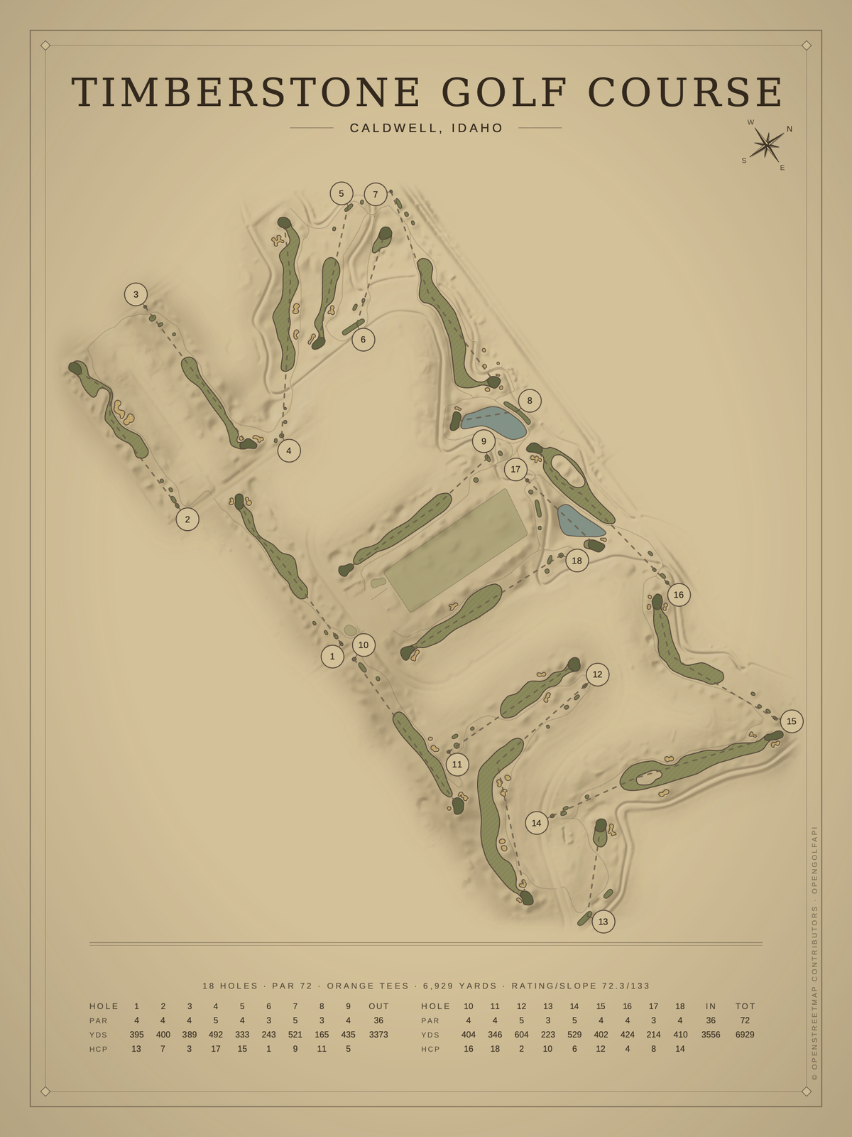 Timberstone Golf Course map poster, Vintage style, 12×16 / 18×24