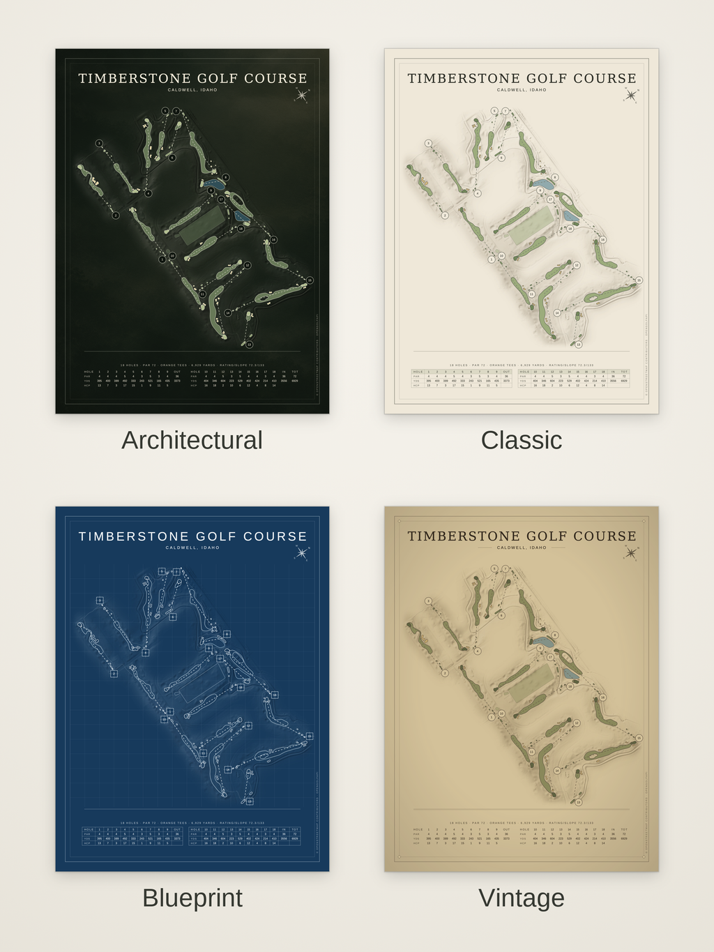 Timberstone Golf Course map poster in four styles: Architectural, Classic, Blueprint and Vintage