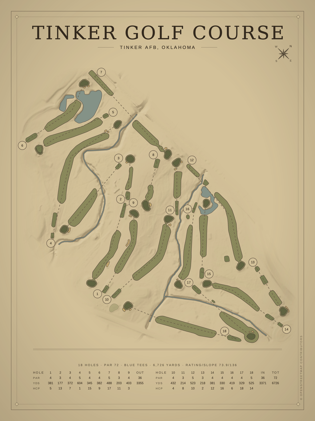 Tinker Golf Course map poster, Vintage style, 12×16 / 18×24