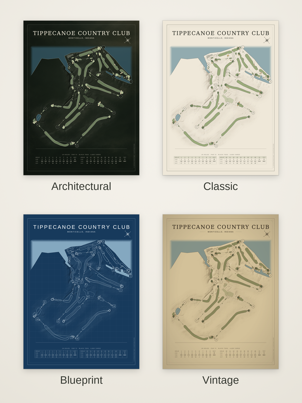 Tippecanoe Country Club course map poster in four styles: Architectural, Classic, Blueprint and Vintage