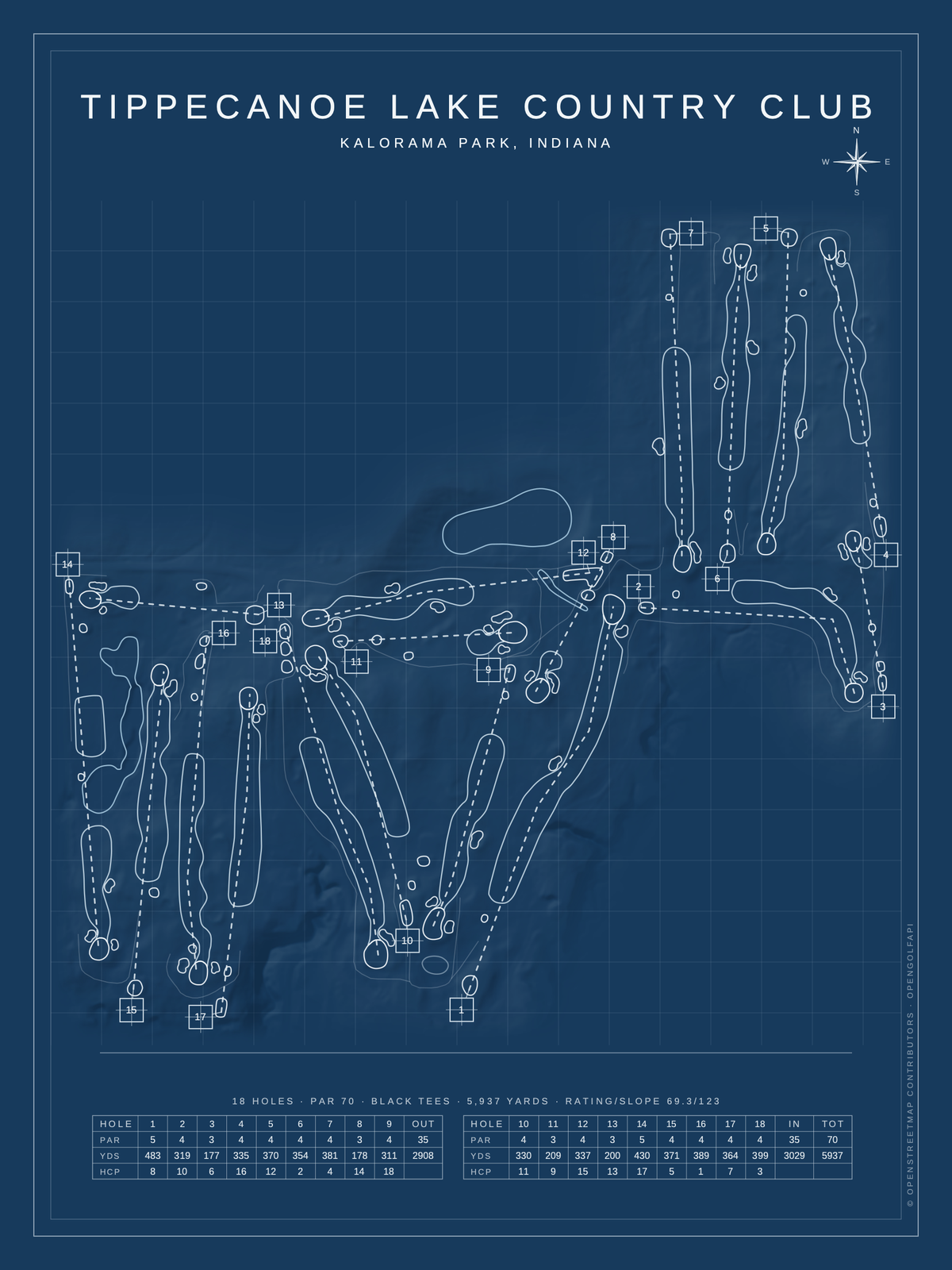 Tippecanoe Lake Country Club course map poster, Blueprint style, 12×16 / 18×24