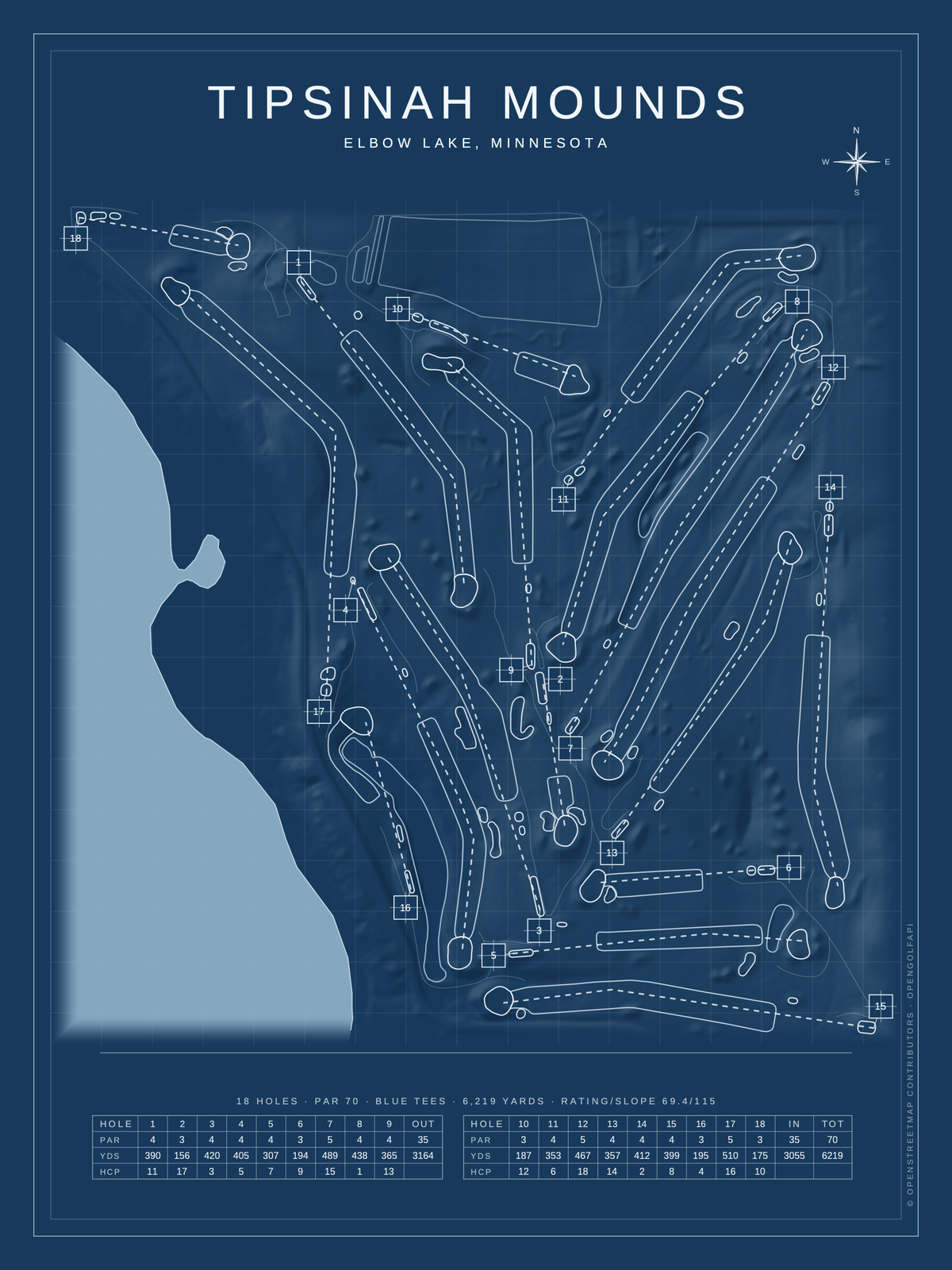 Tipsinah Mounds course map poster, Blueprint style, 12×16 / 18×24