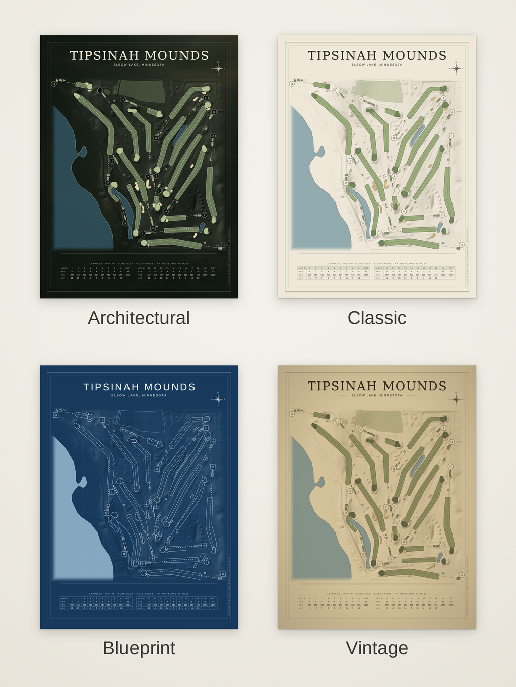 Tipsinah Mounds course map poster in four styles: Architectural, Classic, Blueprint and Vintage