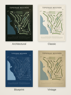 Tipsinah Mounds course map poster in four styles: Architectural, Classic, Blueprint and Vintage
