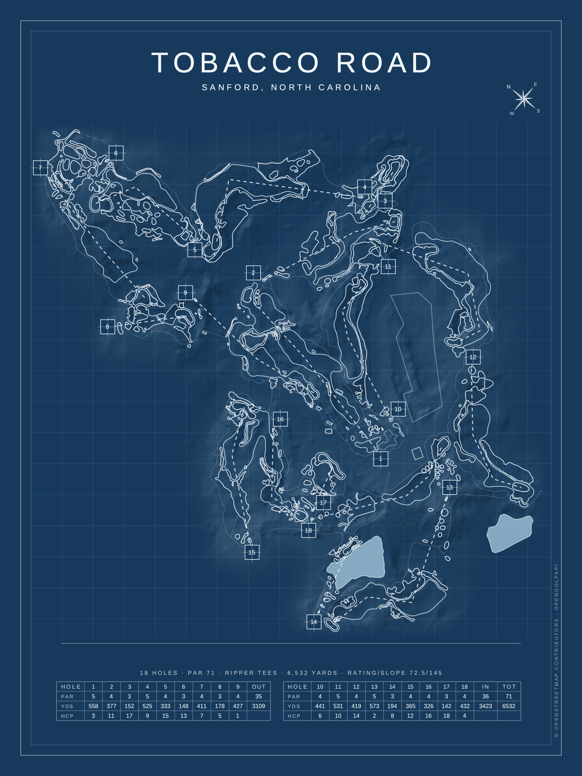Tobacco Road course map poster, Blueprint style, 12×16 / 18×24