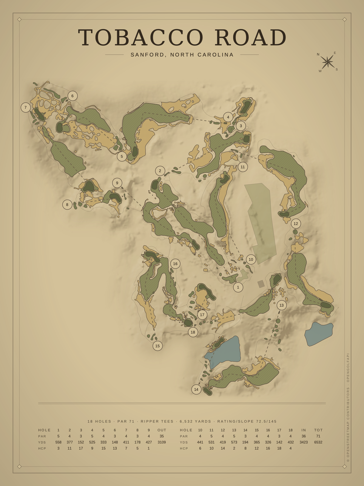 Tobacco Road course map poster, Vintage style, 12×16 / 18×24
