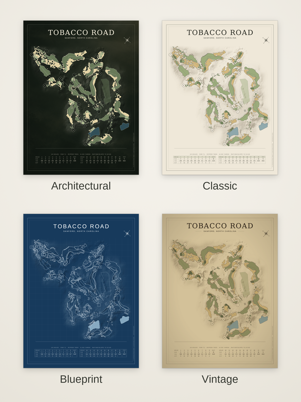Tobacco Road course map poster in four styles: Architectural, Classic, Blueprint and Vintage