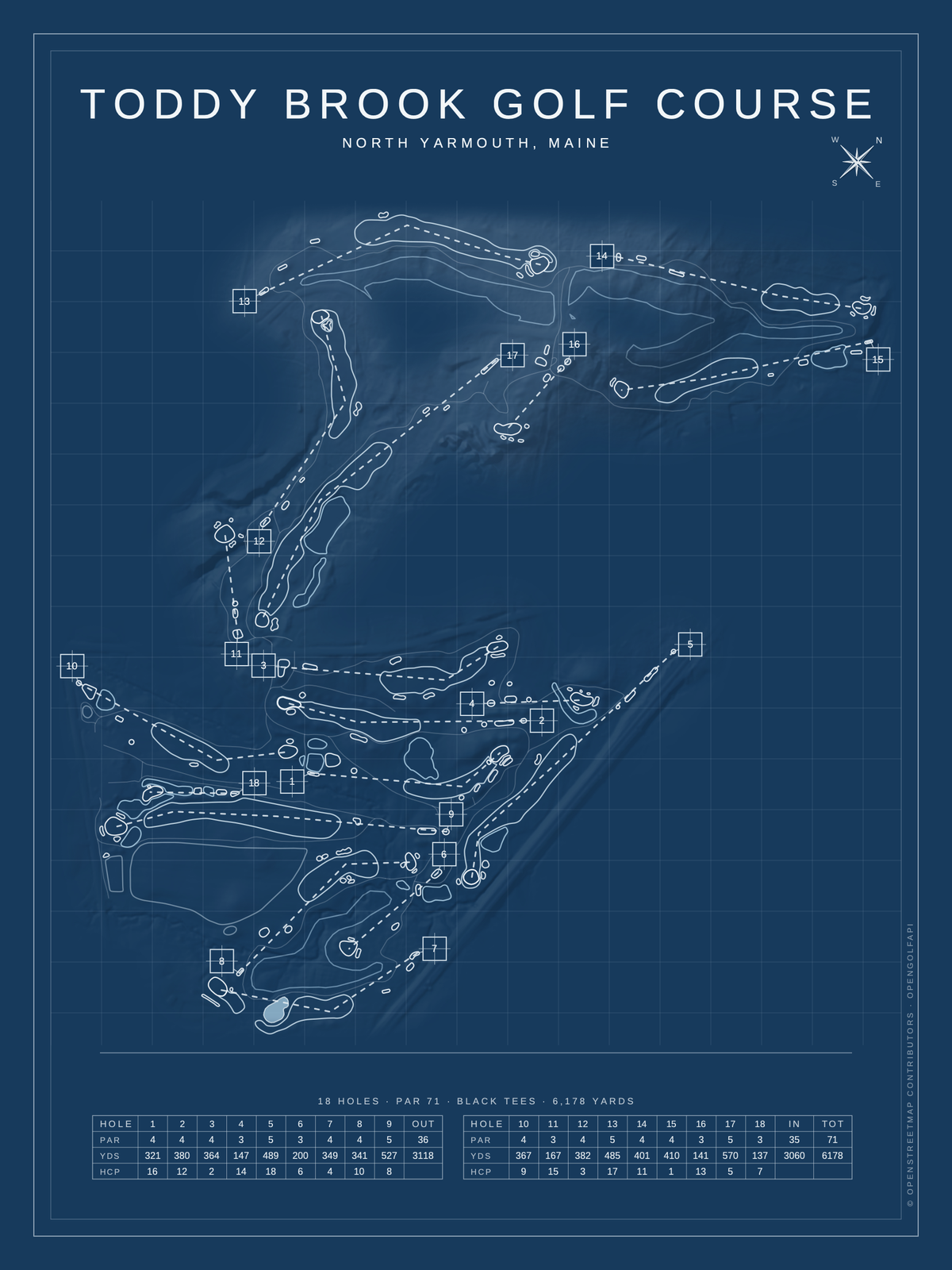 Toddy Brook Golf Course map poster, Blueprint style, 12×16 / 18×24