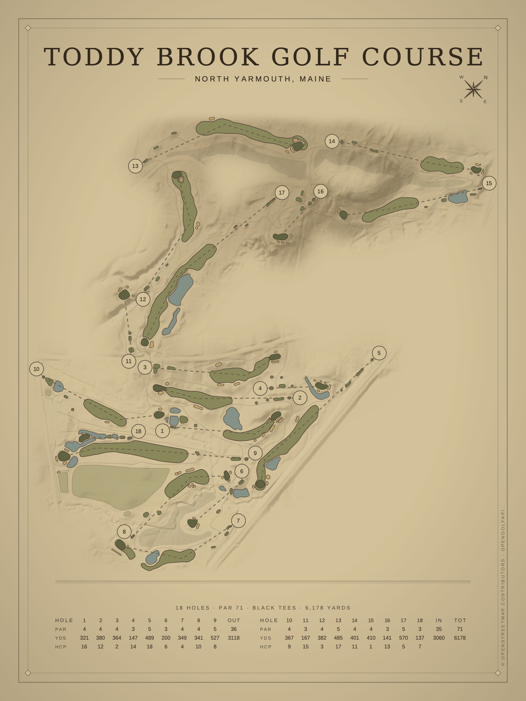 Toddy Brook Golf Course map poster, Vintage style, 12×16 / 18×24