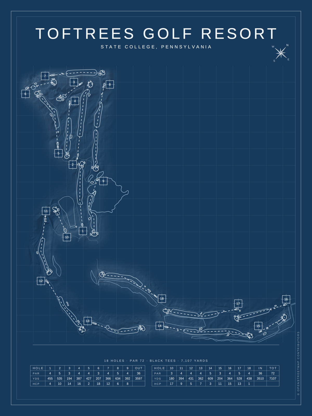 Toftrees Golf Resort course map poster, Blueprint style, 12×16 / 18×24