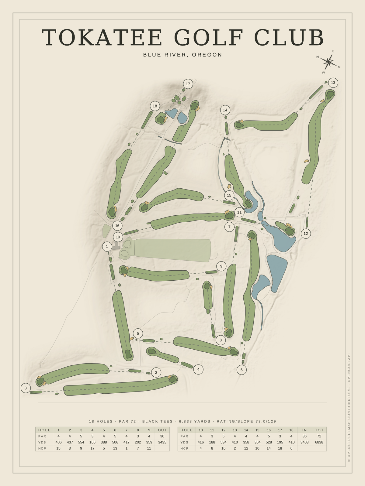 Tokatee Golf Club course map poster, Classic style, 12×16 / 18×24