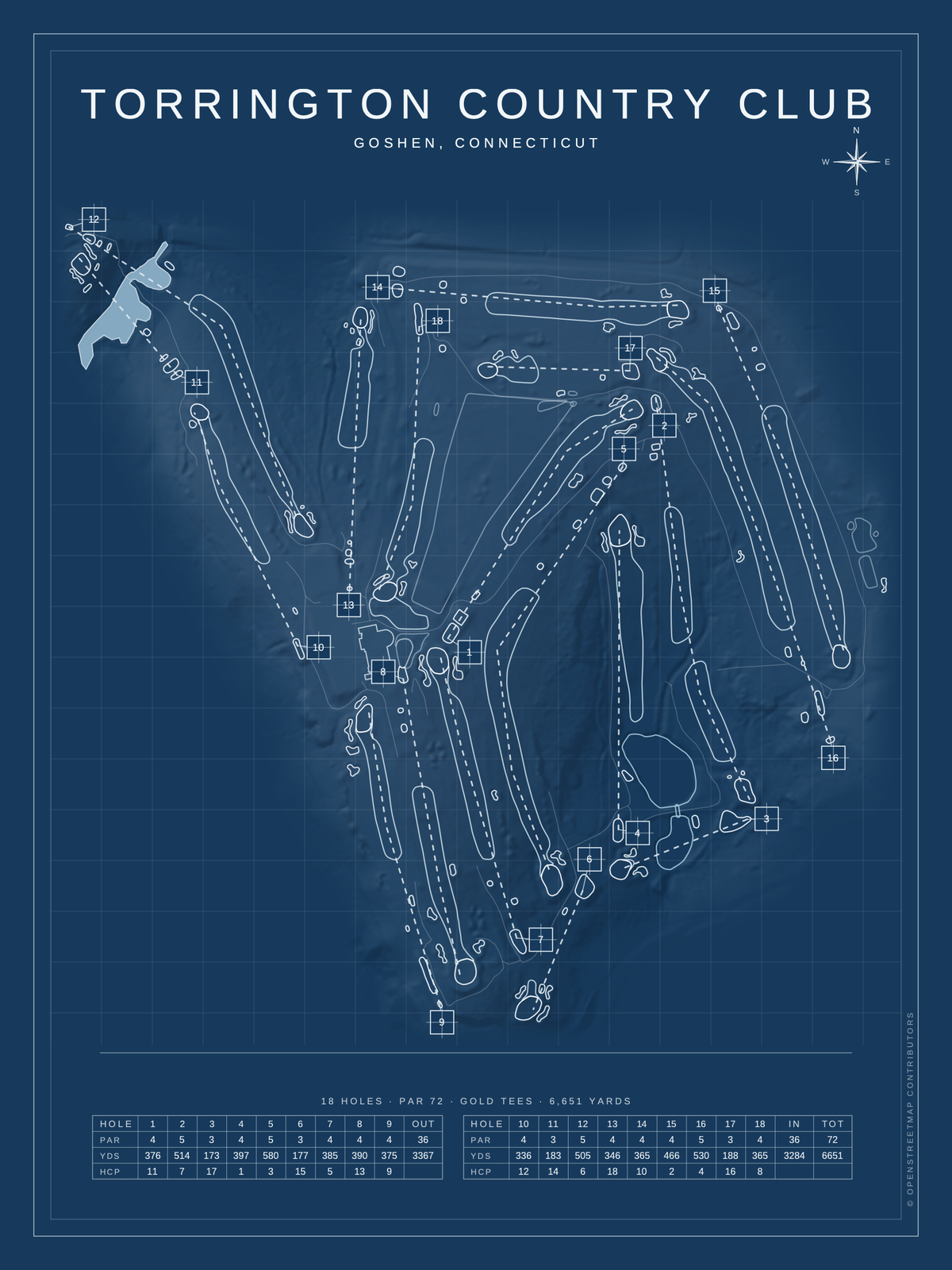 Torrington Country Club course map poster, Blueprint style, 12×16 / 18×24