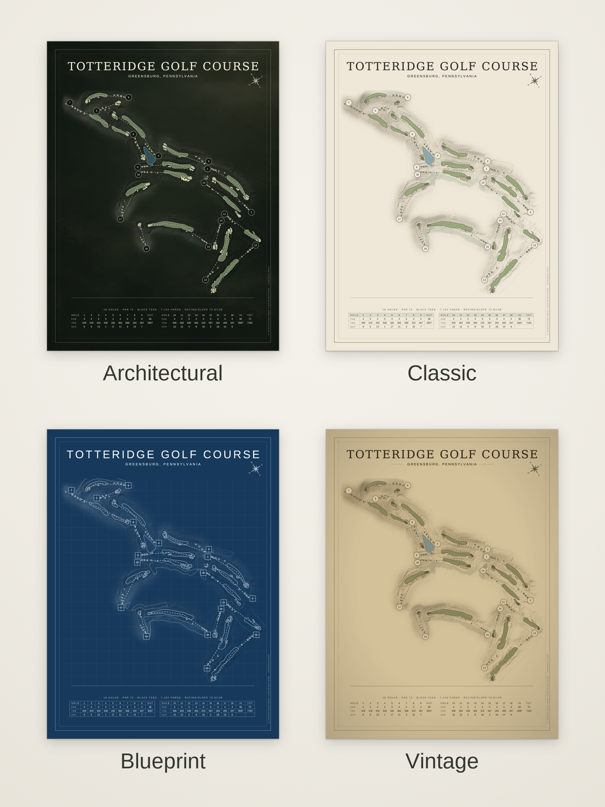 Totteridge Golf Course map poster in four styles: Architectural, Classic, Blueprint and Vintage