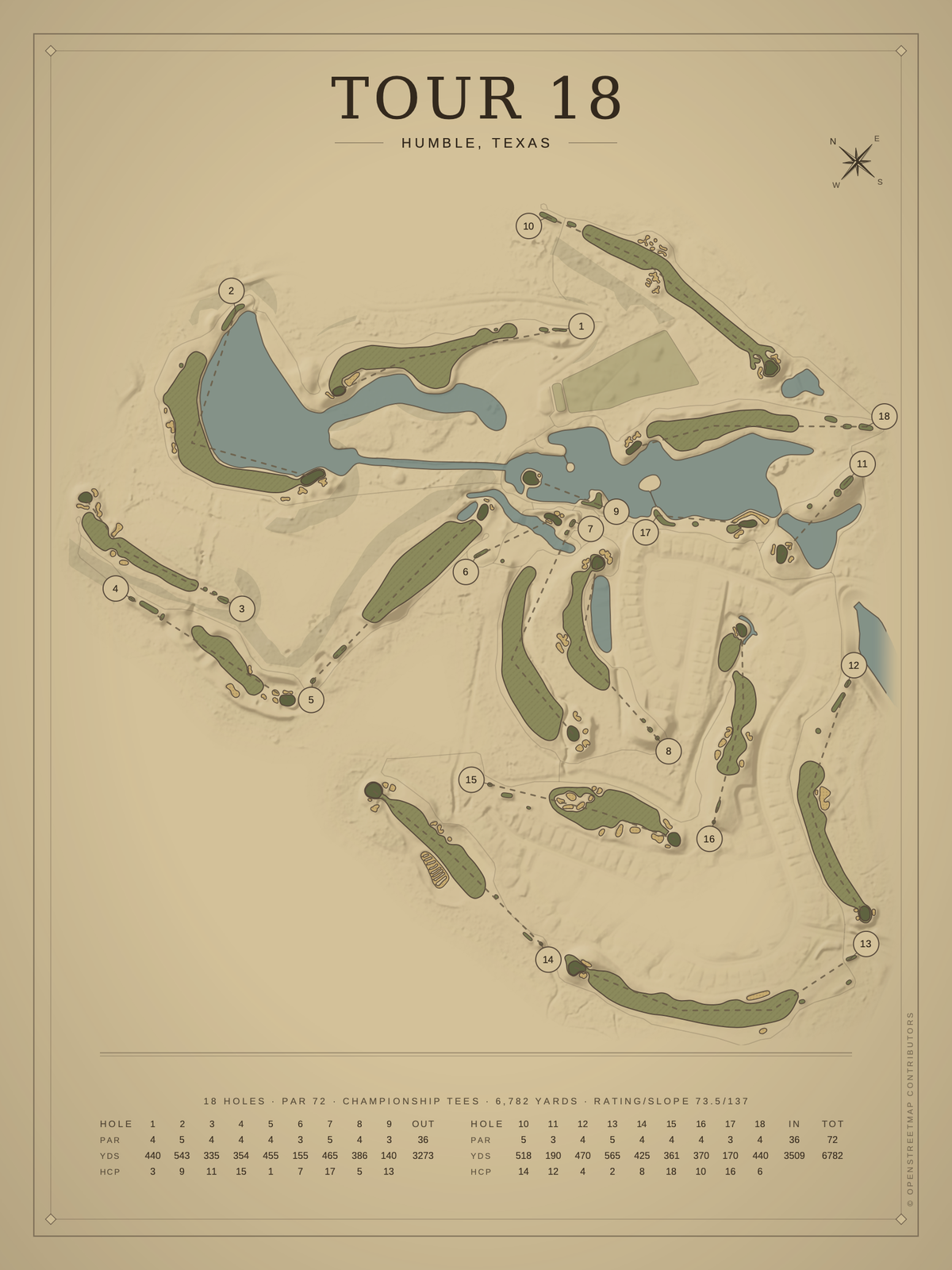 Tour 18 course map poster, Vintage style, 12×16 / 18×24