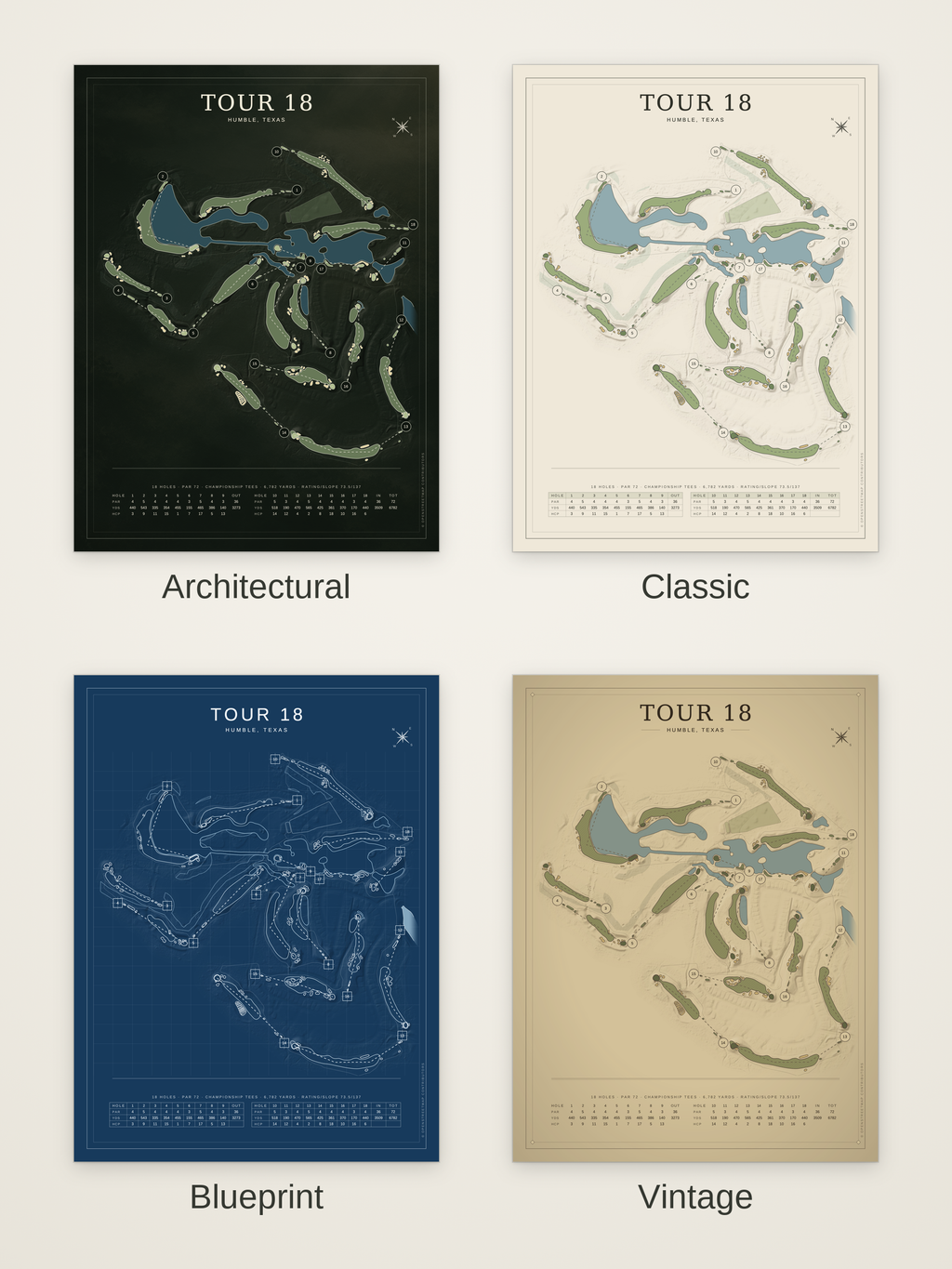 Tour 18 course map poster in four styles: Architectural, Classic, Blueprint and Vintage