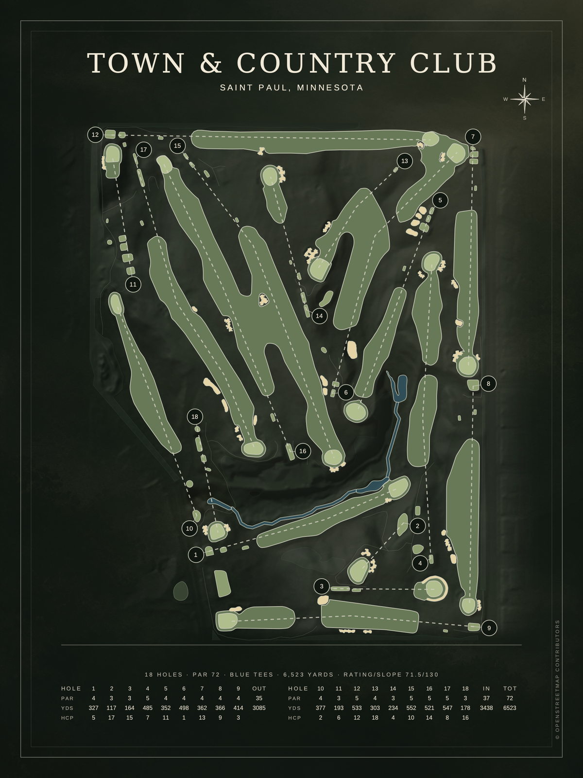 Town & Country Club course map poster, Architectural style, 12×16 / 18×24