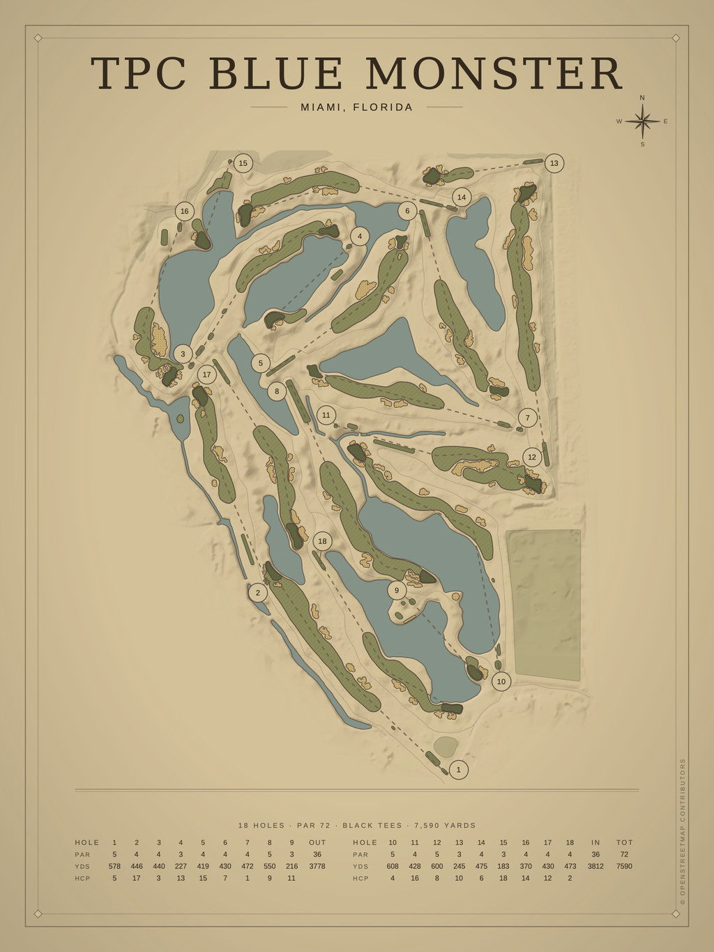 TPC Blue Monster course map poster, Vintage style, 12×16 / 18×24