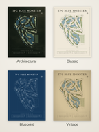 TPC Blue Monster course map poster in four styles: Architectural, Classic, Blueprint and Vintage