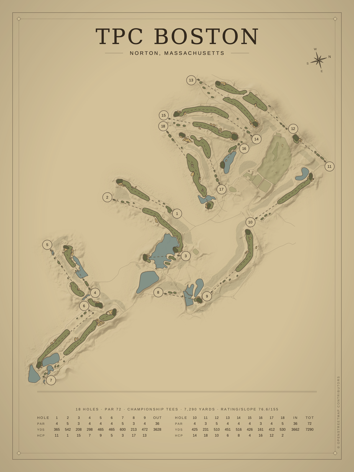 TPC Boston course map poster, Vintage style, 12×16 / 18×24