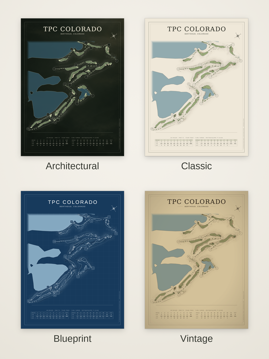 TPC Colorado course map poster in four styles: Architectural, Classic, Blueprint and Vintage