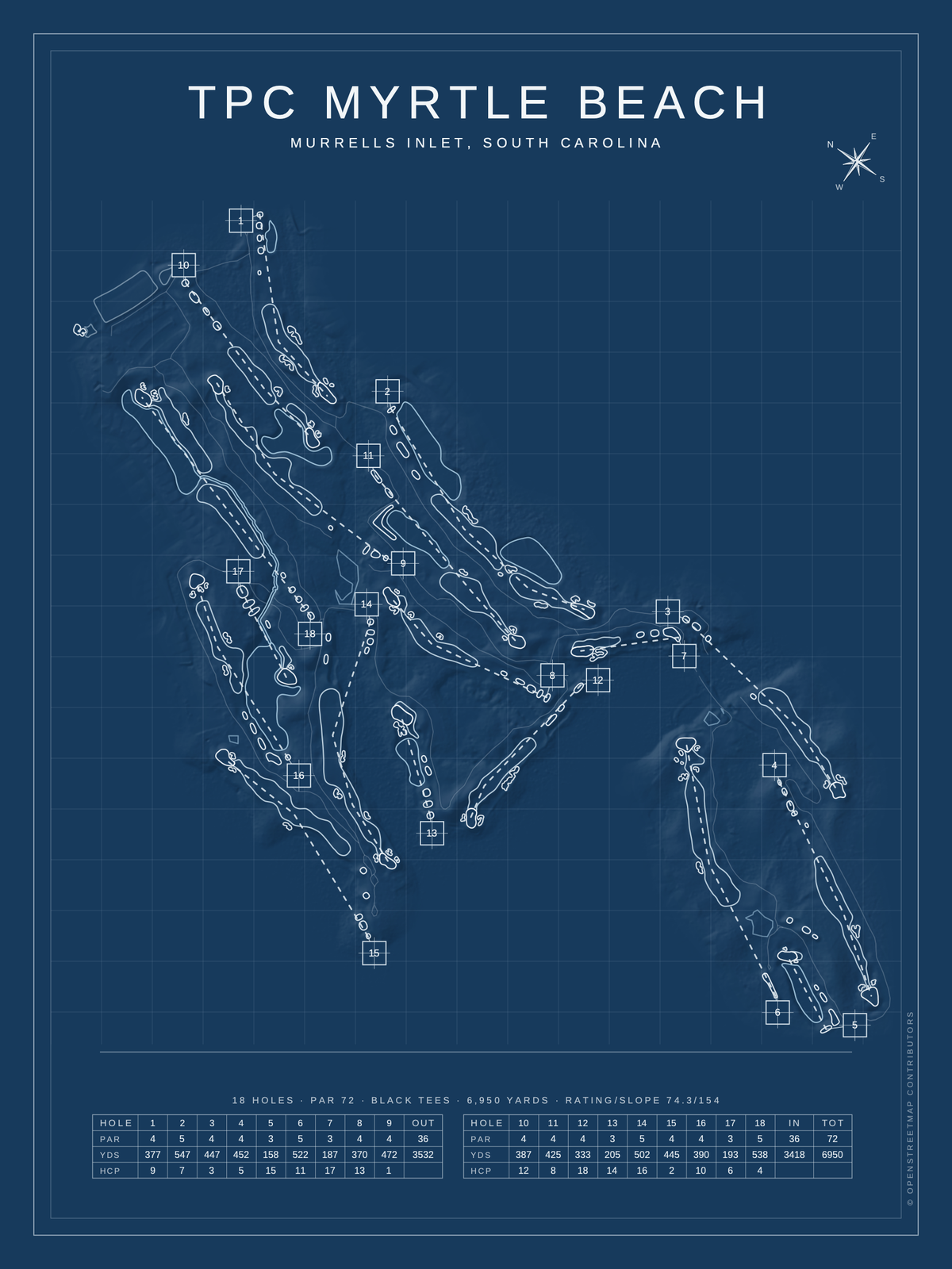 TPC Myrtle Beach course map poster, Blueprint style, 12×16 / 18×24